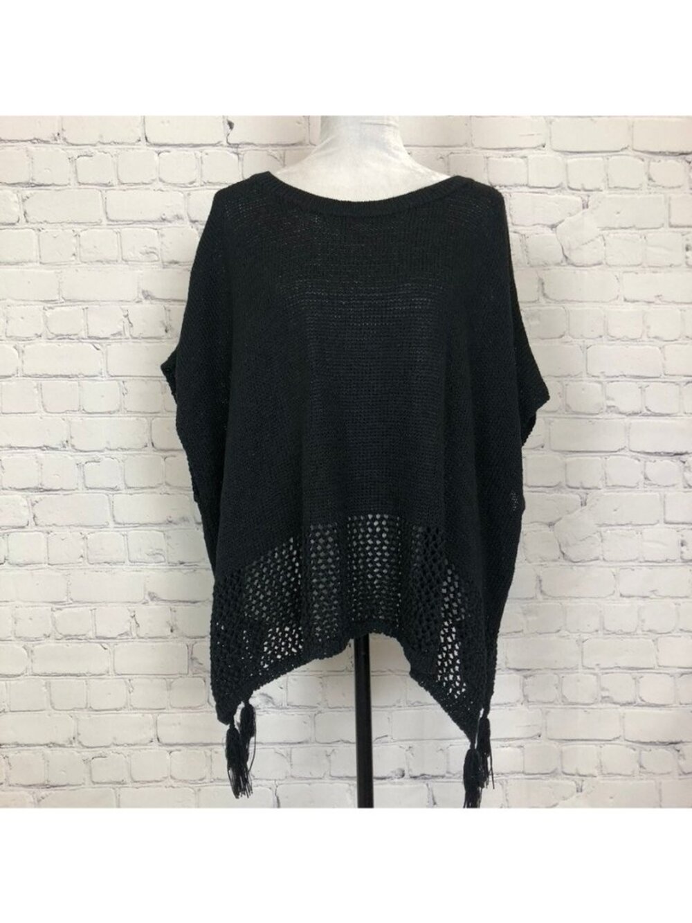 Johnny Was Black Crochet Open Knit Sweater Poncho One Size Tassels